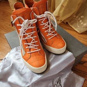 GIUSEPPE ZANOTTI Orange Leather  Double-Zip High Top Sneakers size 36